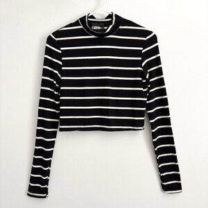 Reformation Black and Cream Striped Long Sleeve Mock Neck Crop Top Women’s Small